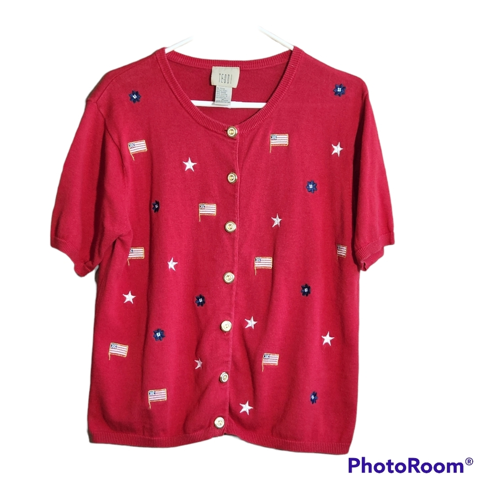Teddi Y2K Vintage USA Inspired Red Embroidered  Short Sleeve Summer Cardigan M
